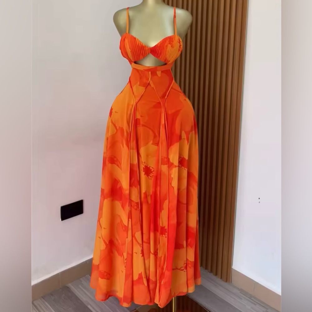 Stunning Sunset Orange Maxi Dress With a Unique Pattern - Elegant Cut-Out Style